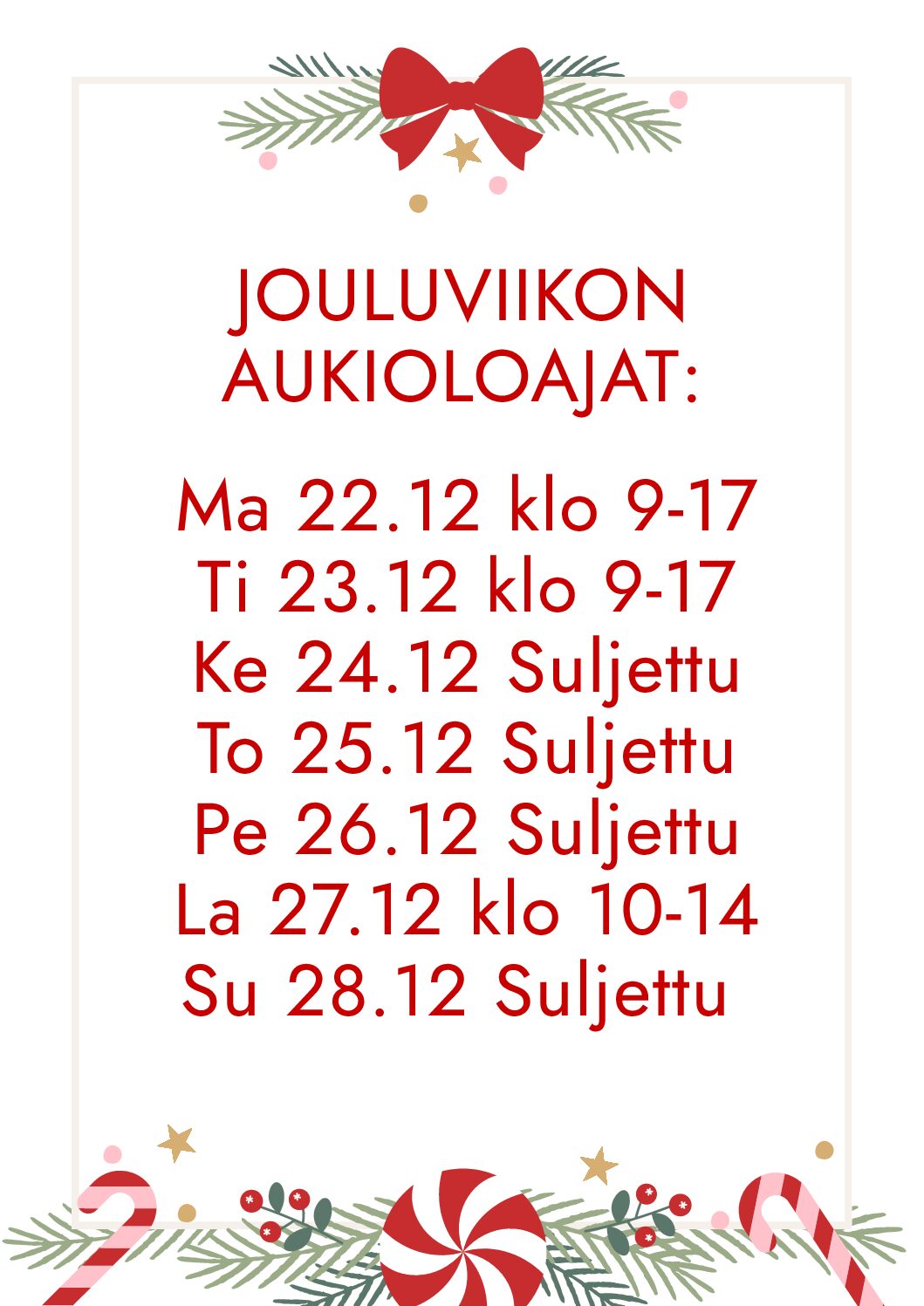 Jouluviikon aukioloajat